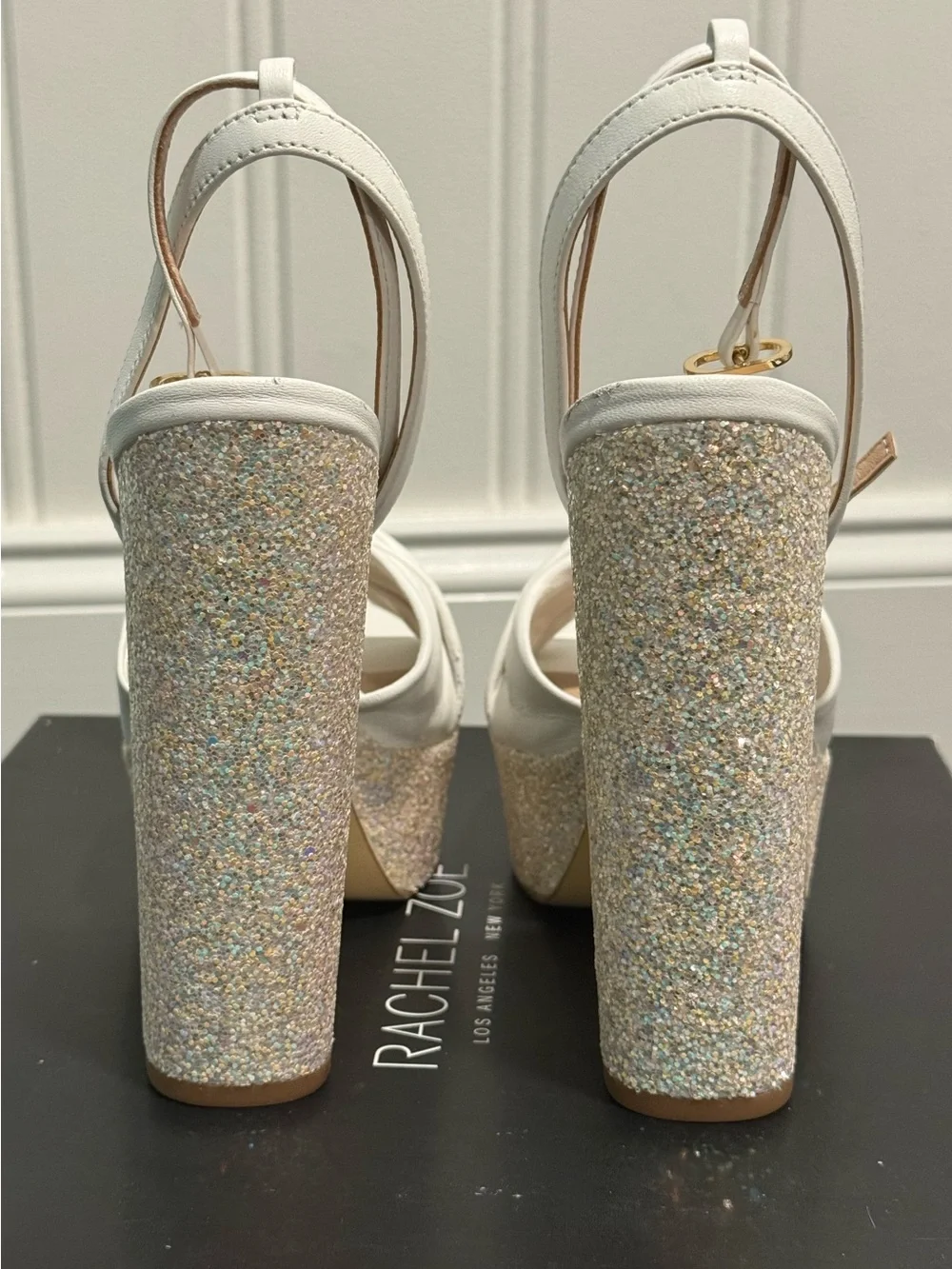 Rachel Zoe White Claudette Platform Sandals with Glitter Heel US 9